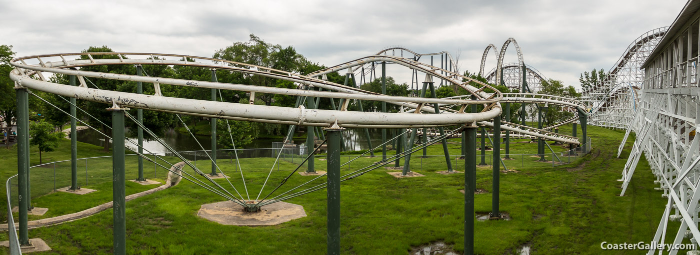 Panorama of steel and wood roller coasters