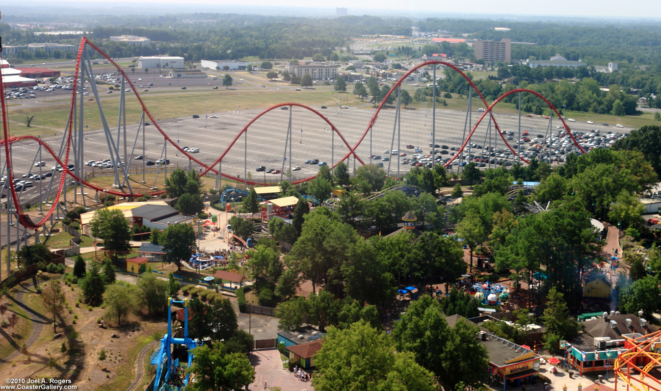 Aerial view of the Intimidator roller coaster at Carowinds
