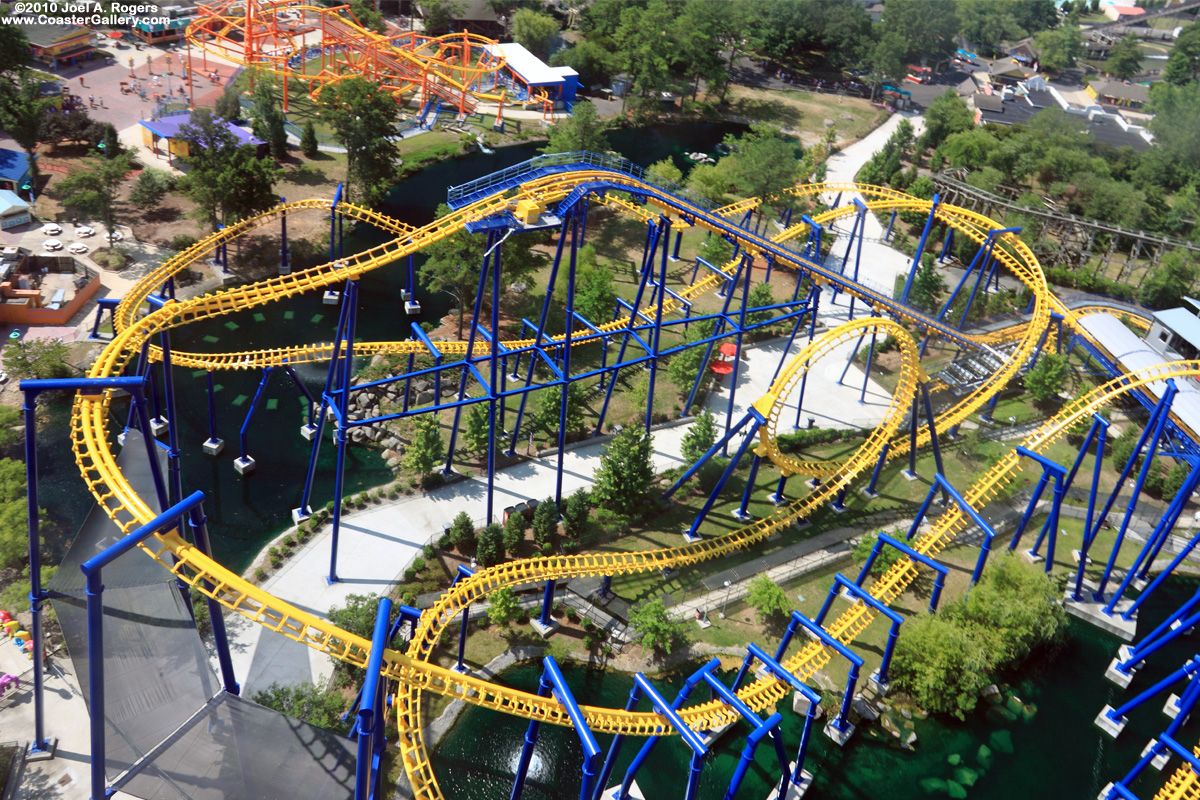 Aerial view of the flying roller coaster known as BORG Assimilator and Nighthawk