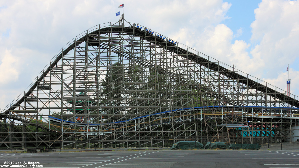 Thunder Road's backward roller coaster train