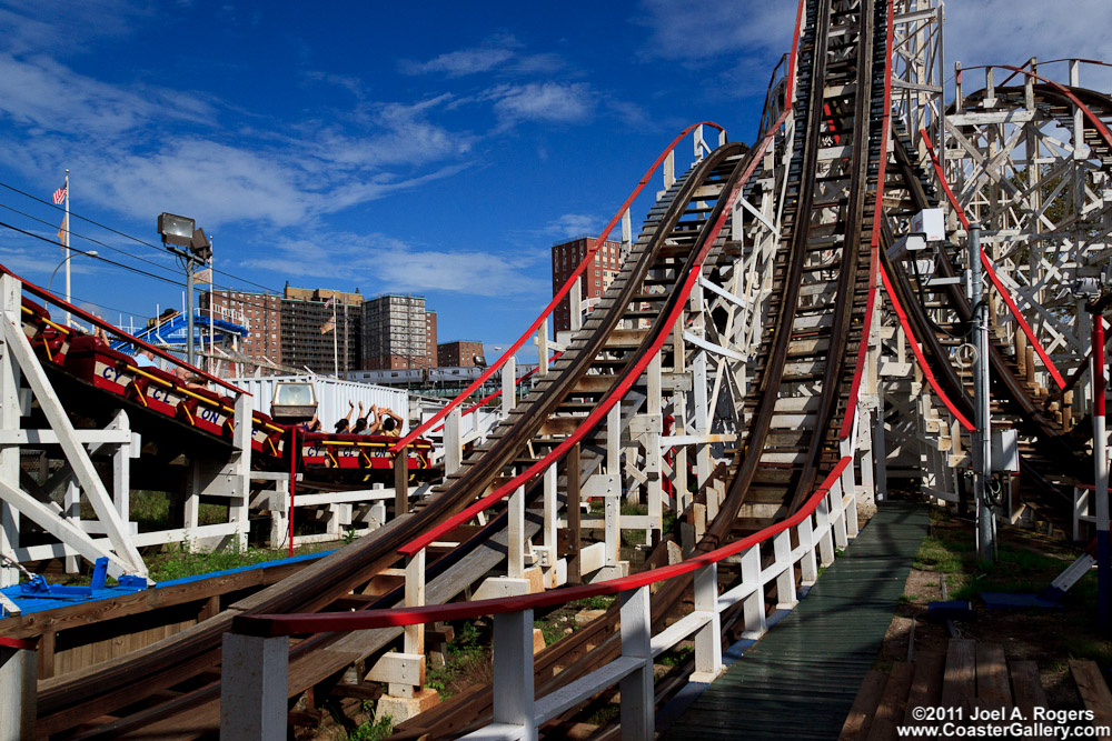 Inside a wooden roller coaster