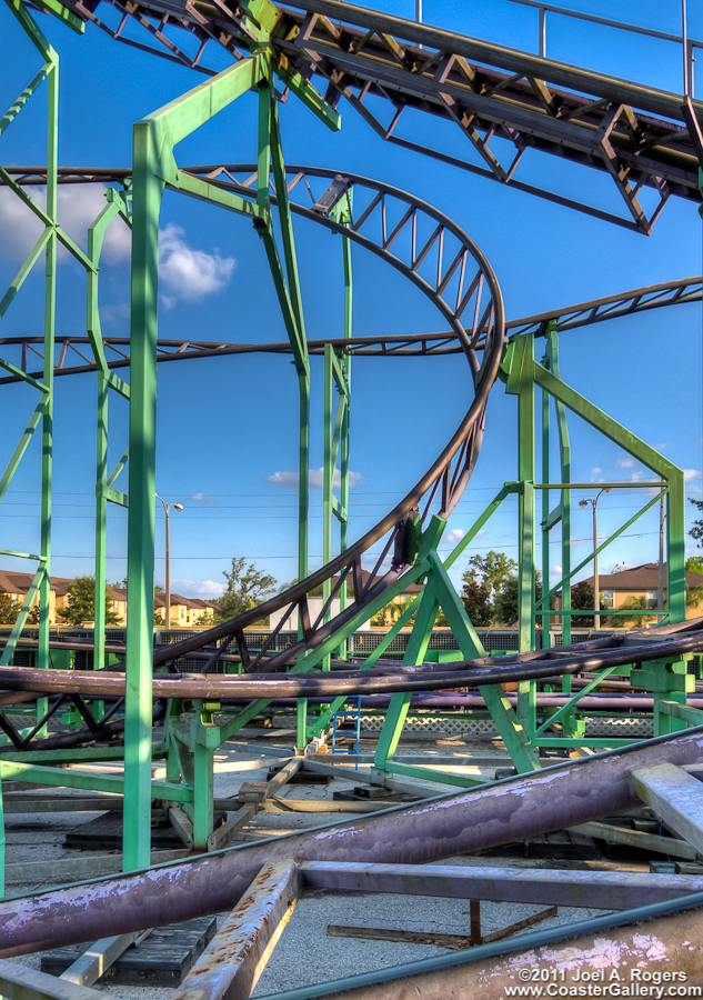 A diving turn on a steel roller coaster