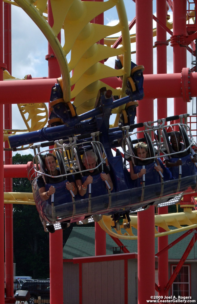 Close up of a flying roller coaster train