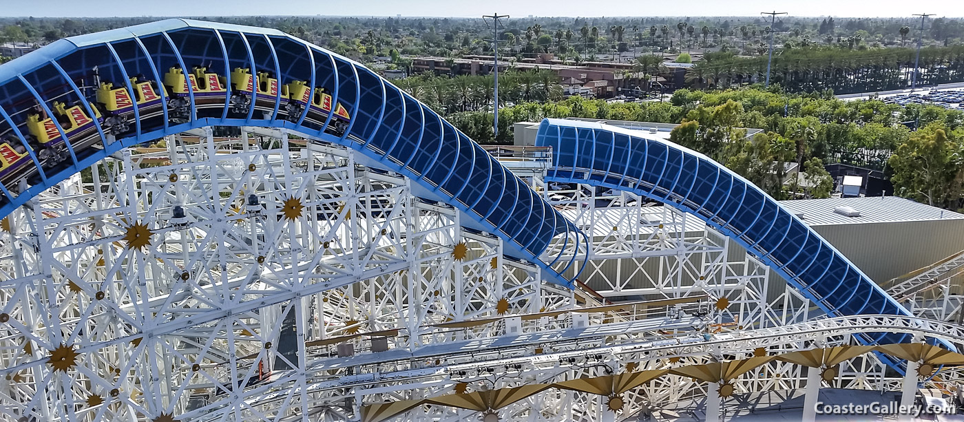 Aerial view of Disney's California Screamin' (Now the Incredicoaster) roller coaster