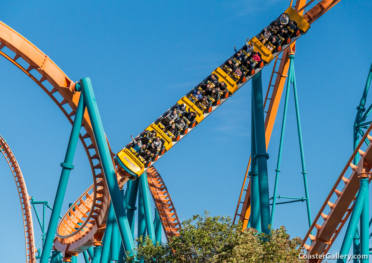 Trains on the Goliath Roller Coaster near Los Angeles