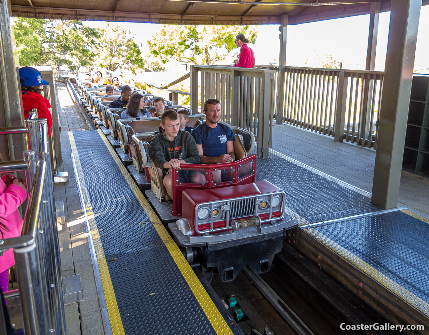Mini-llennium Flyer trains on a wooden roller coaster in Florida