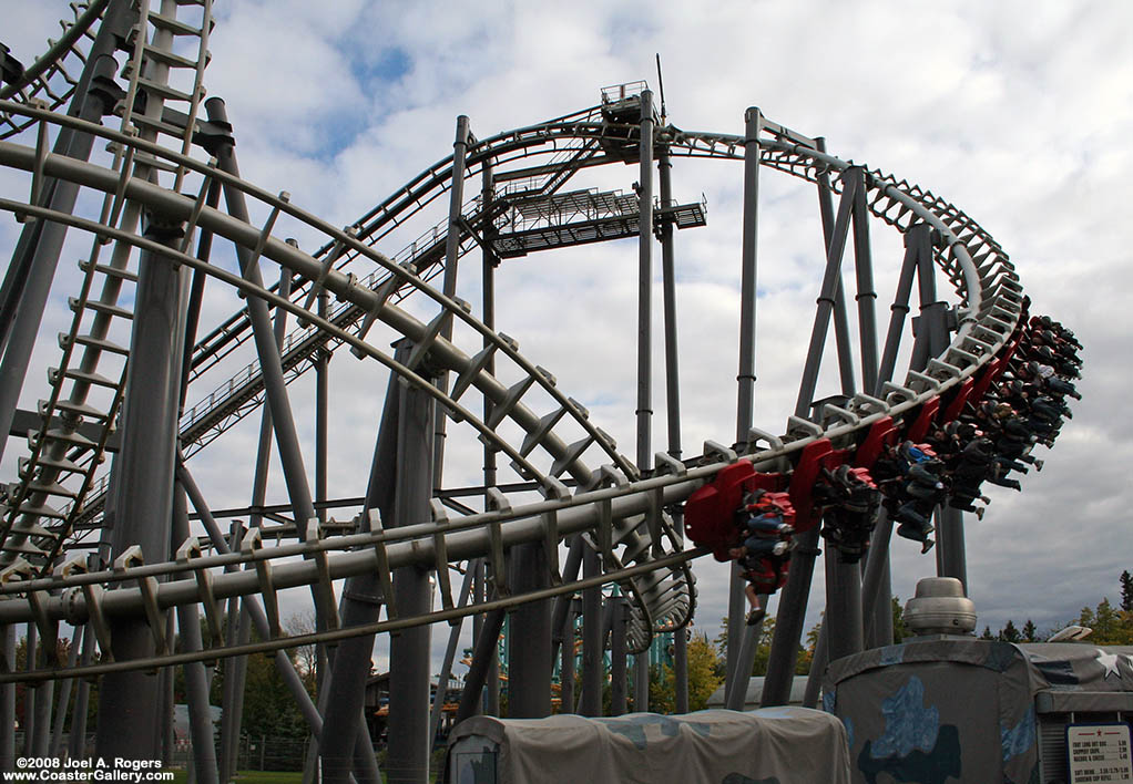 Diving first drop on a Vekoma 'hang and bang' roller coaster