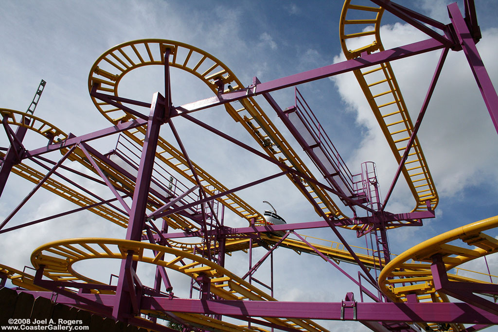 Looking up at the Galaxy Spin spinning roller coaster