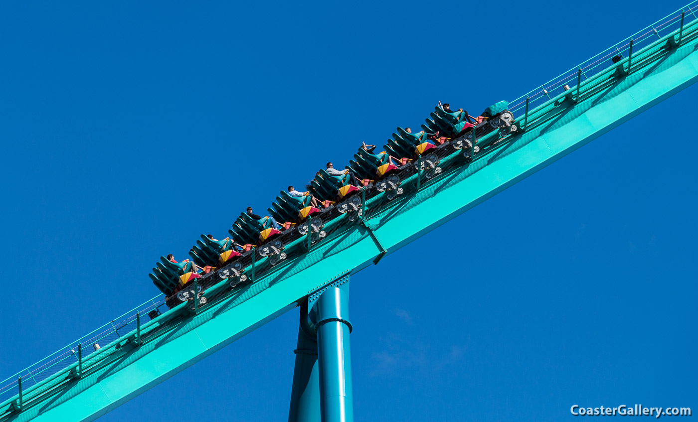 This train is being pulled up the lift hill by a chain