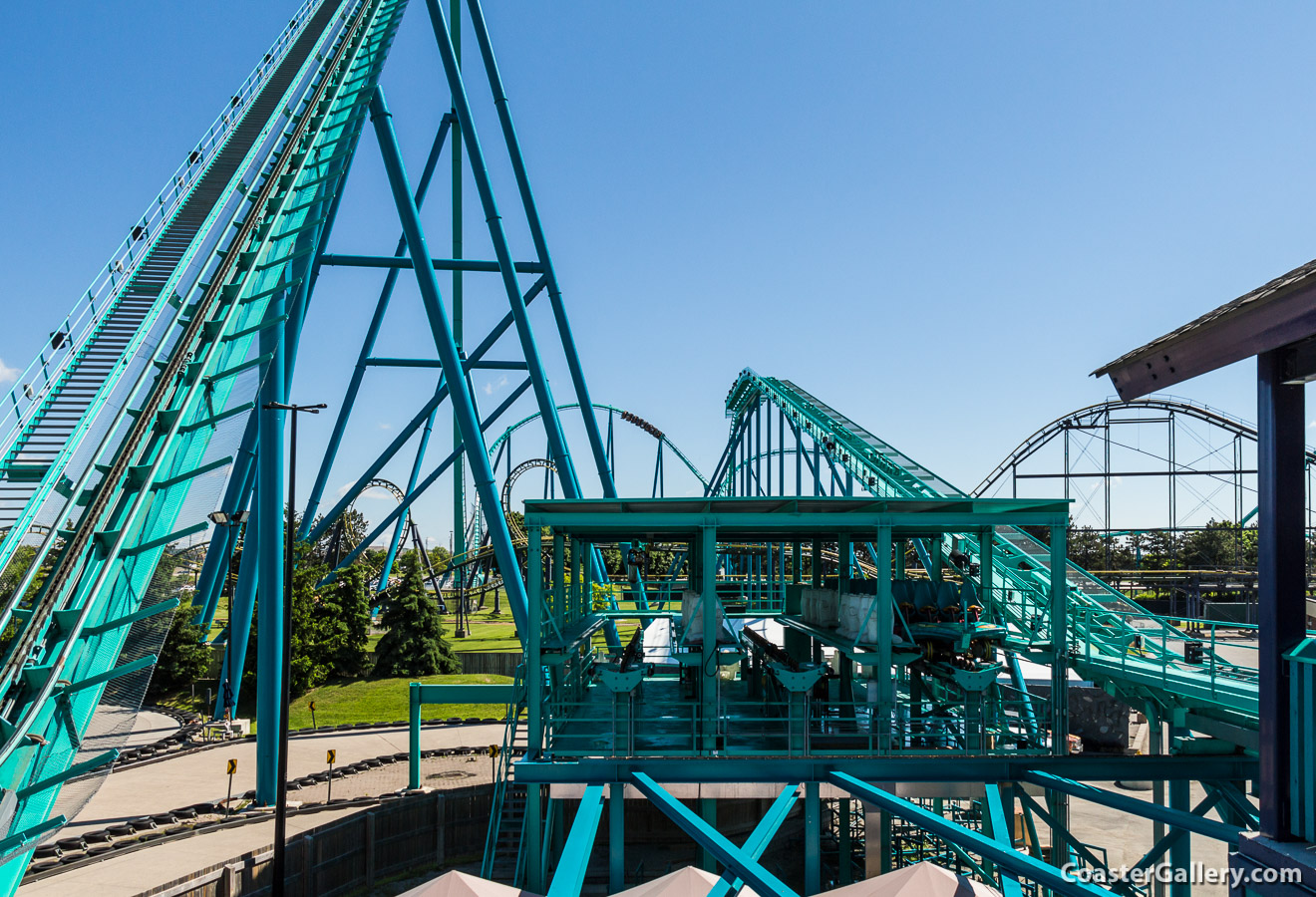 An overbanked turn and the maintenance shed on the Leviathan coaster