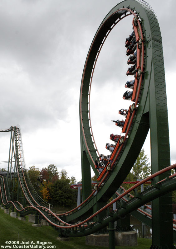 Vertical loop on a Togo stand-up roller coaster in Canada