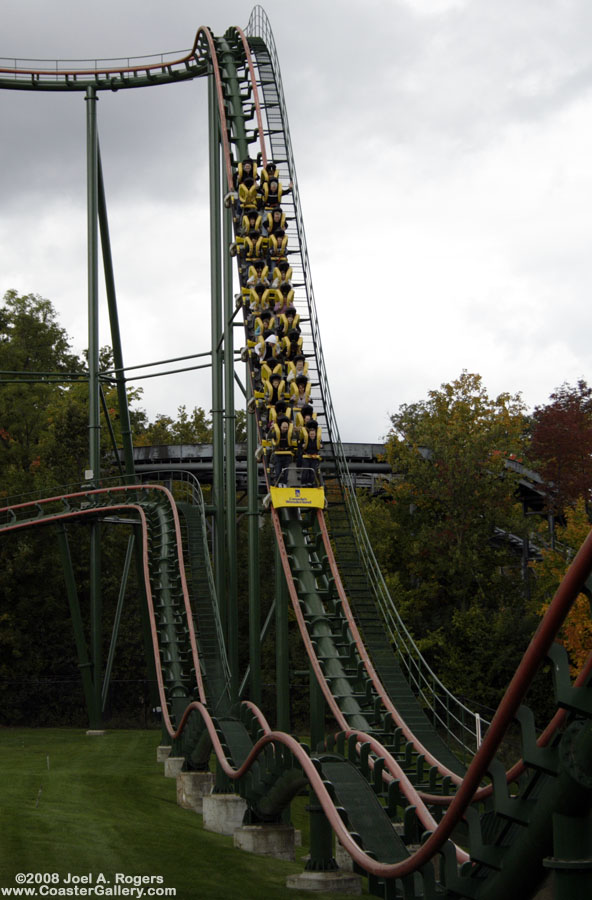 The first drop of the SkyRider roller coaster