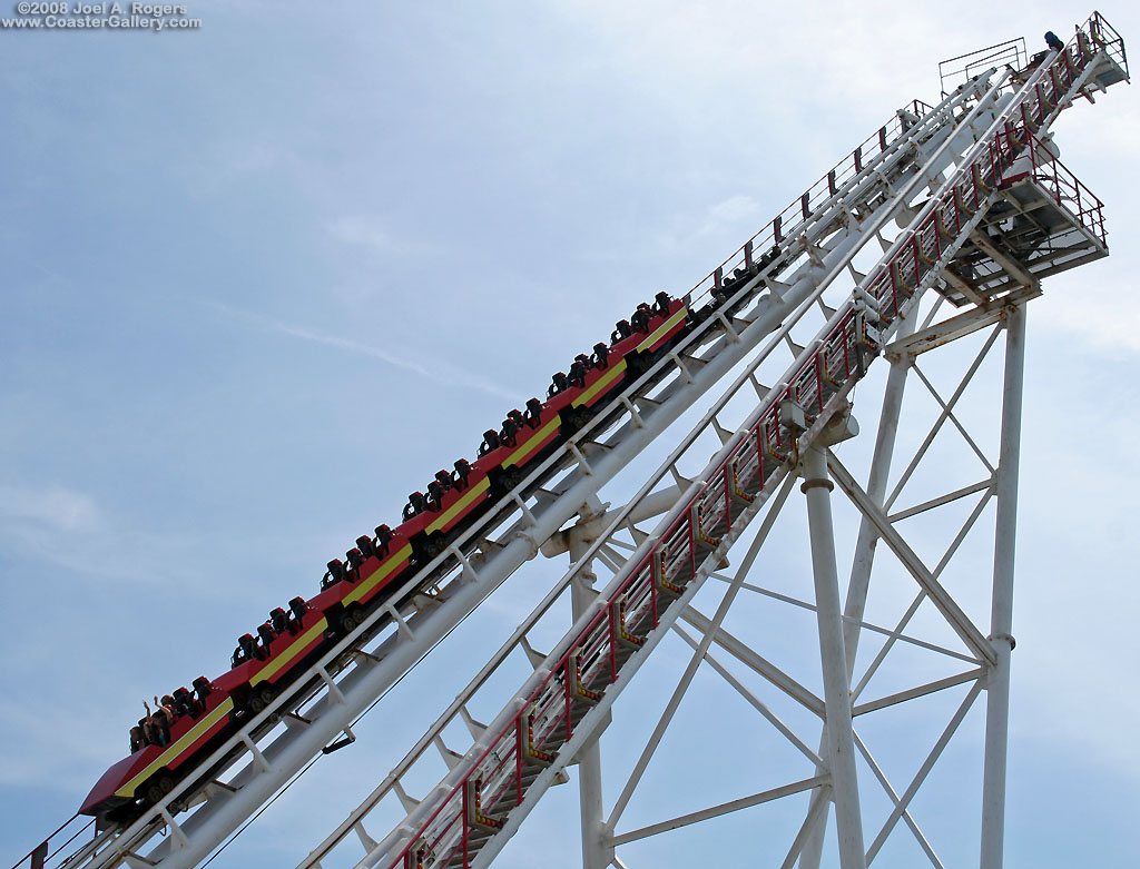 Twin lift hills on a Vekoma Boomerang at Trimper's Rides