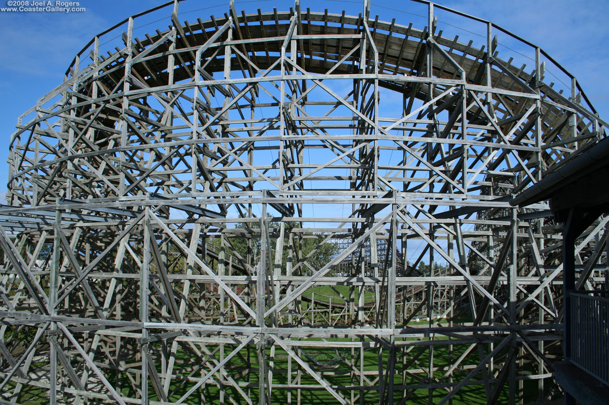 Looking through a wooden roller coaster