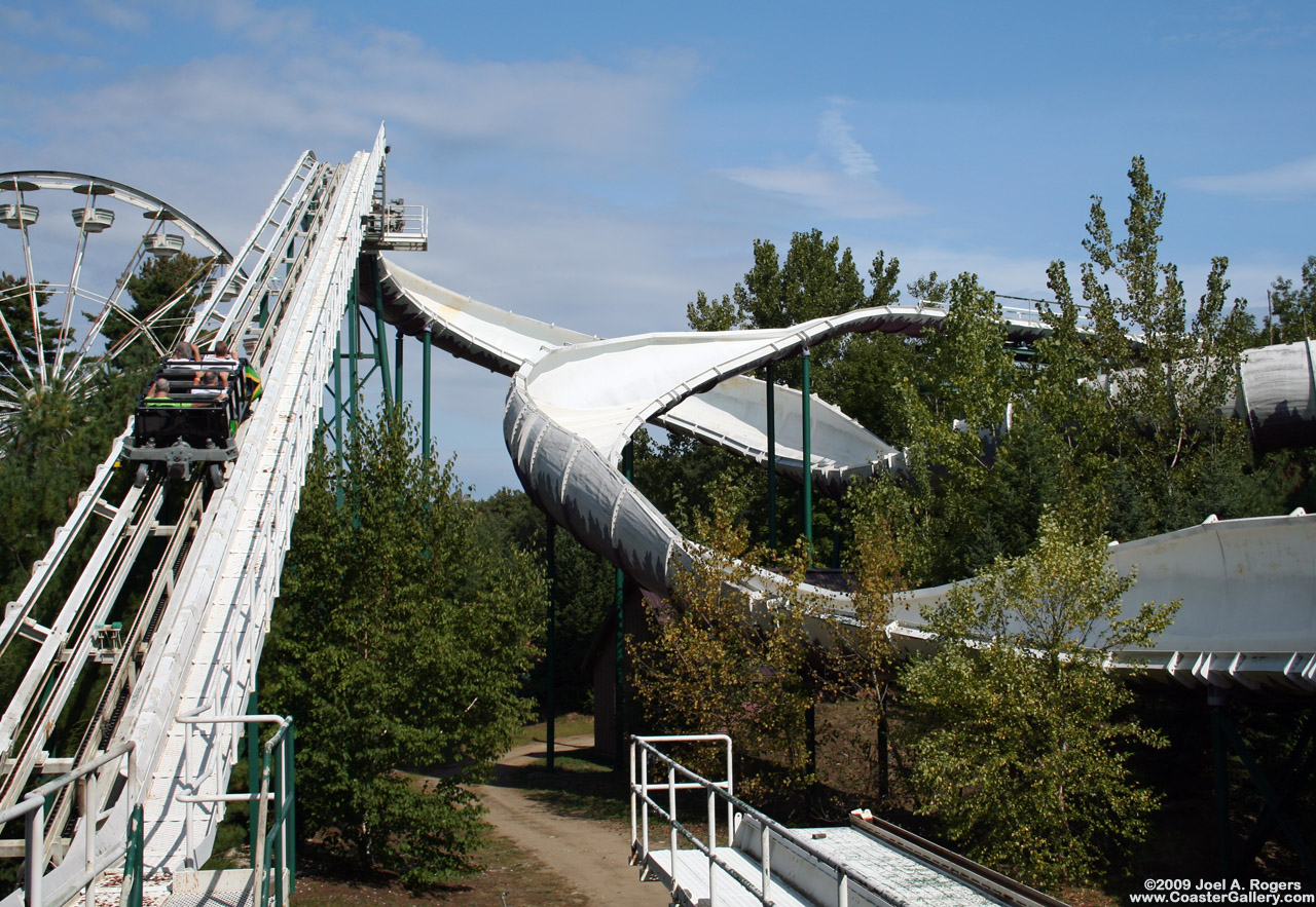 Lift hill and track of the Alpine Bobsled roller coaster