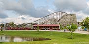 Panorama of the Kentucky Rumbler roller coaster at Beech Bend