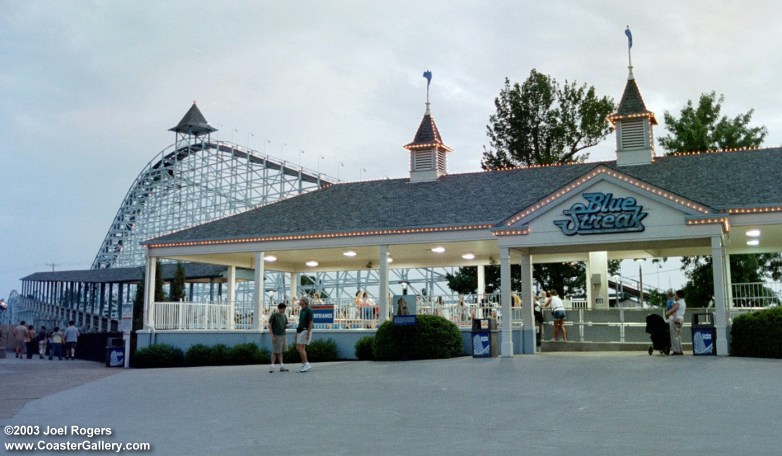 Cedar Point's Blue Streak coaster at sunset