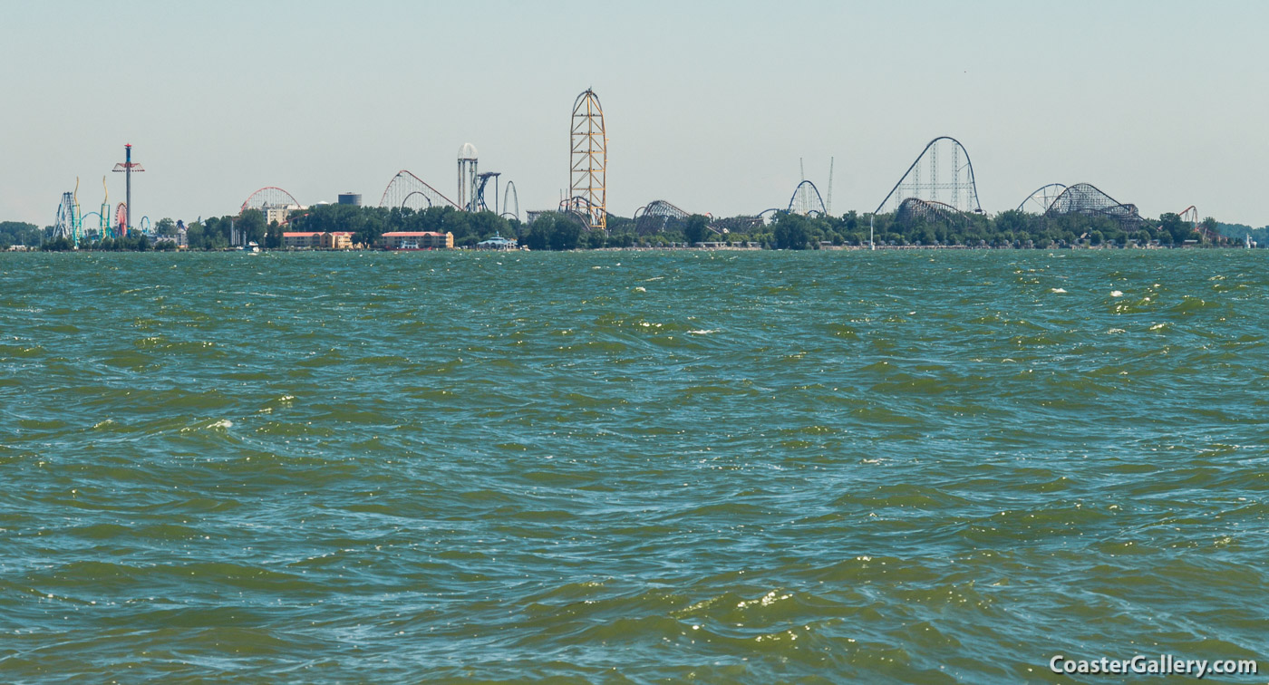 View the Cedar Point peninsula and Lake Erie