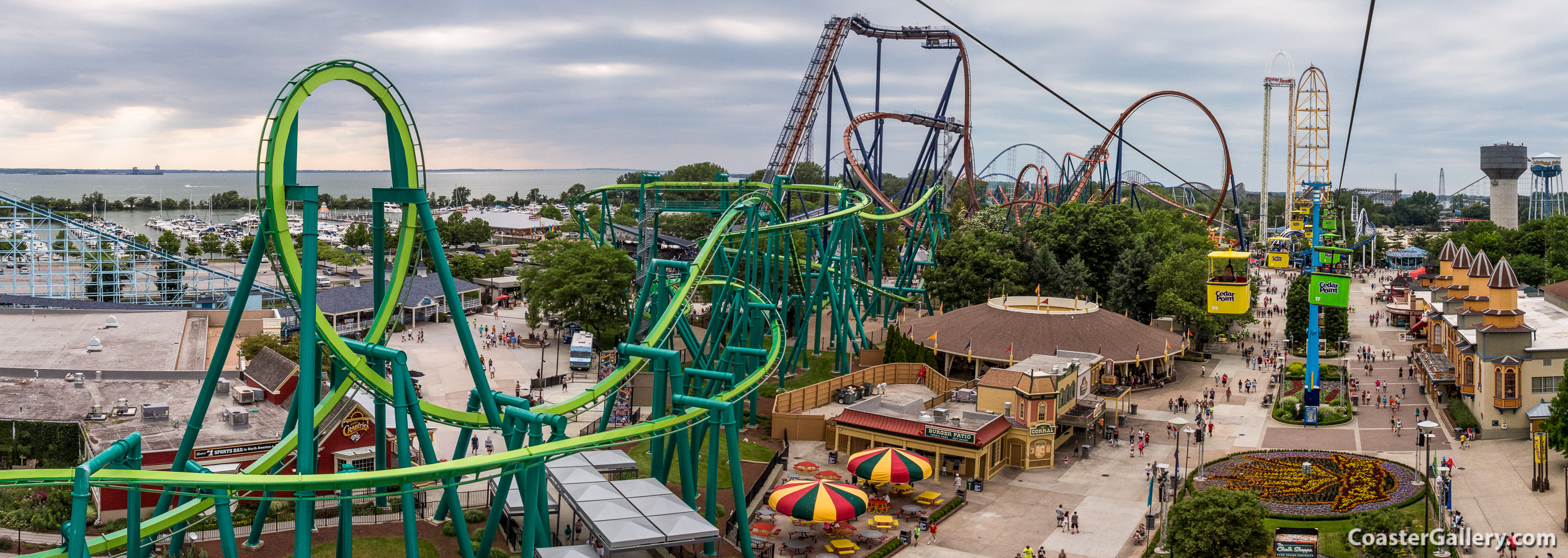 Panoramic aerial view of Cedar Point and its roller coasters