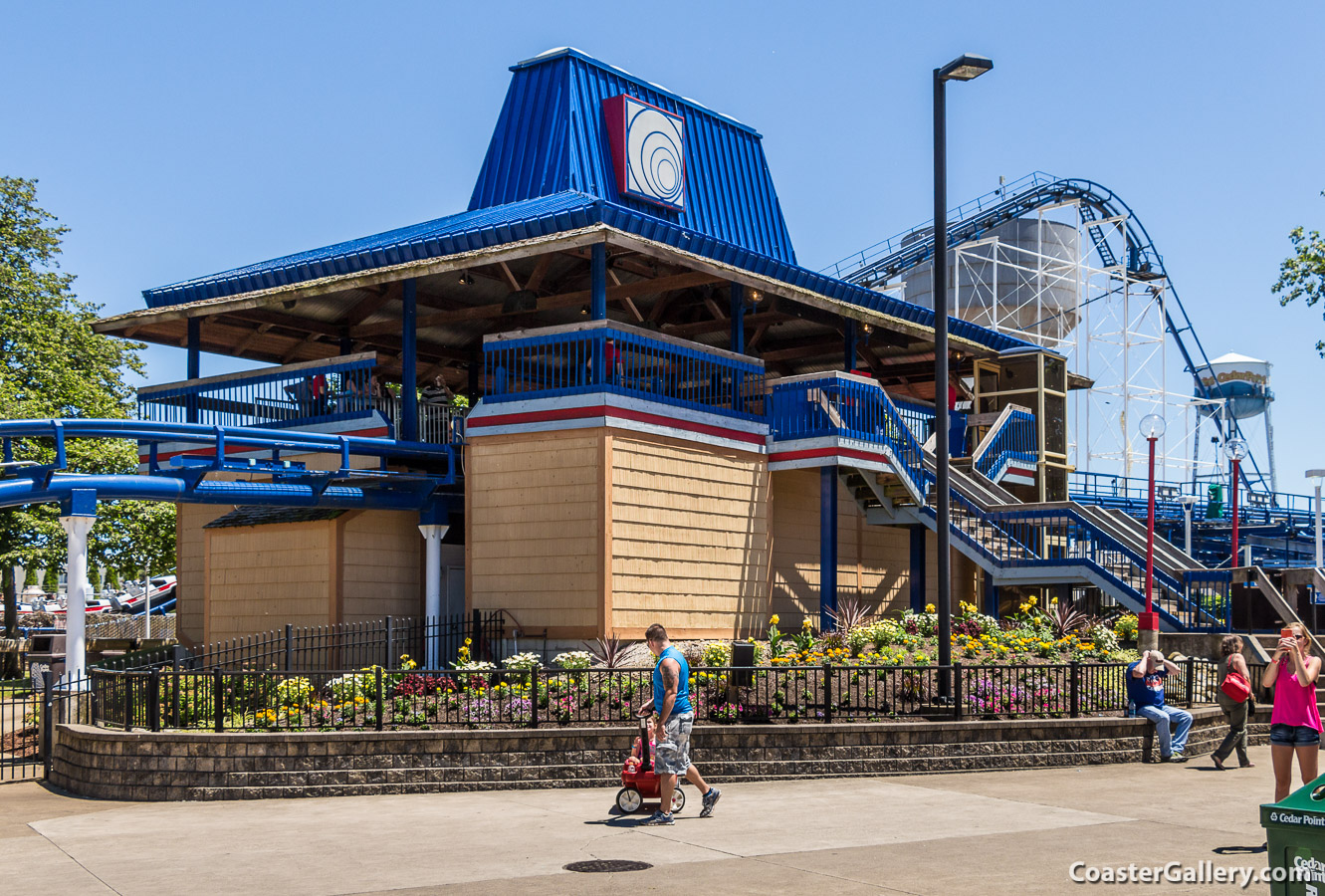 Cedar Point Corkscrew roller coaster in red, white, and blue