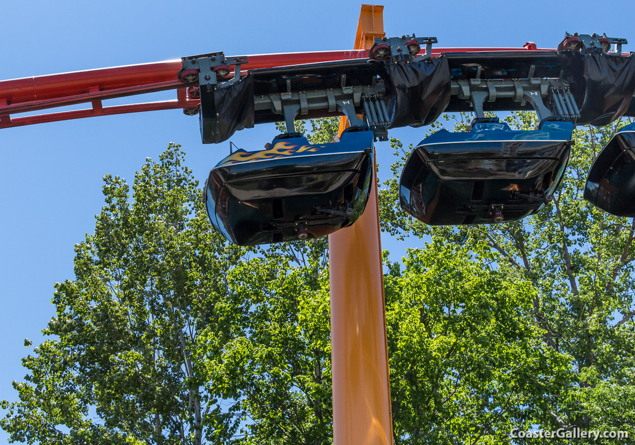 Automotive shock absorbers installed on the Iron Dragon suspended roller coaster