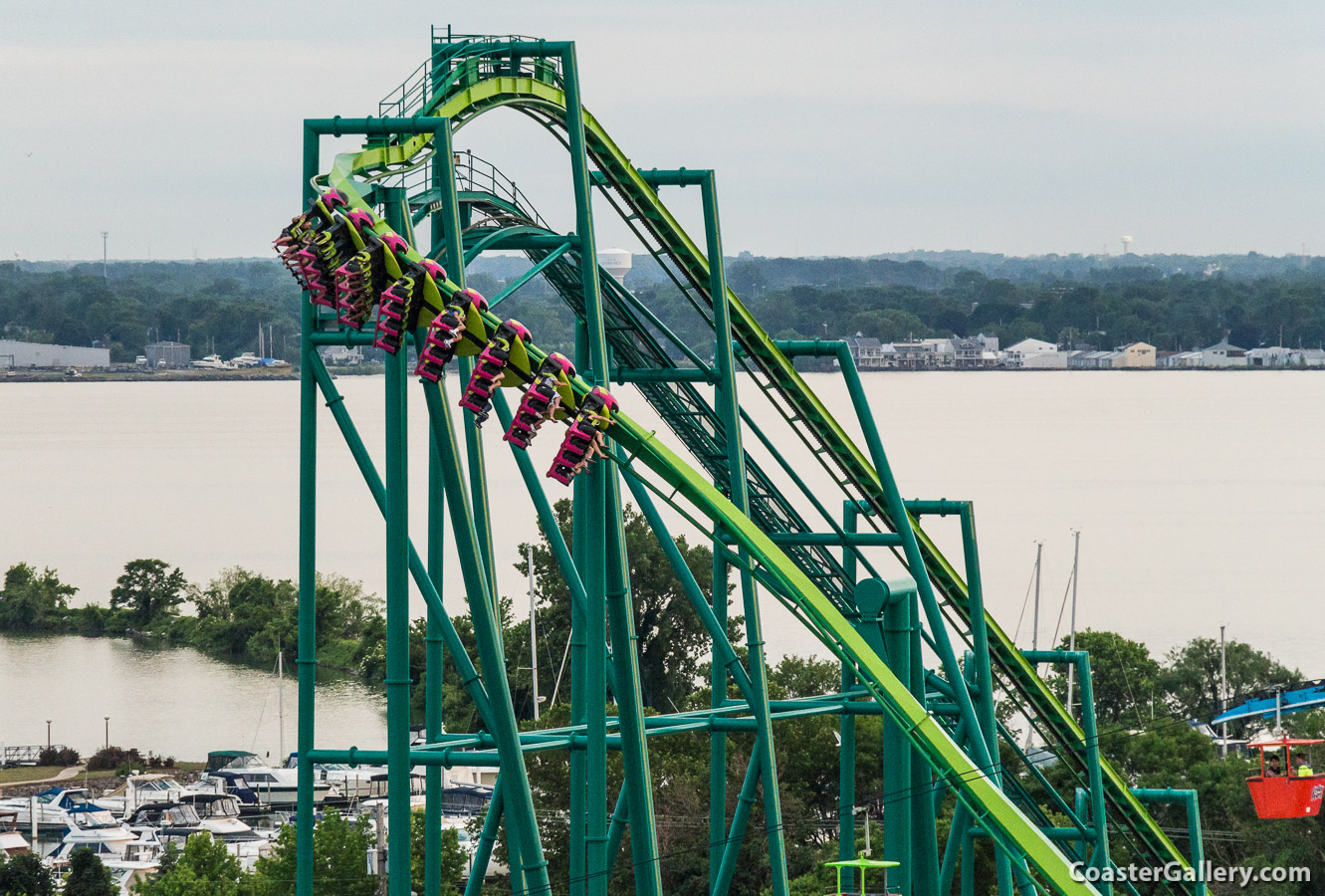 First turning drop of the Raptor inverted roller coaster