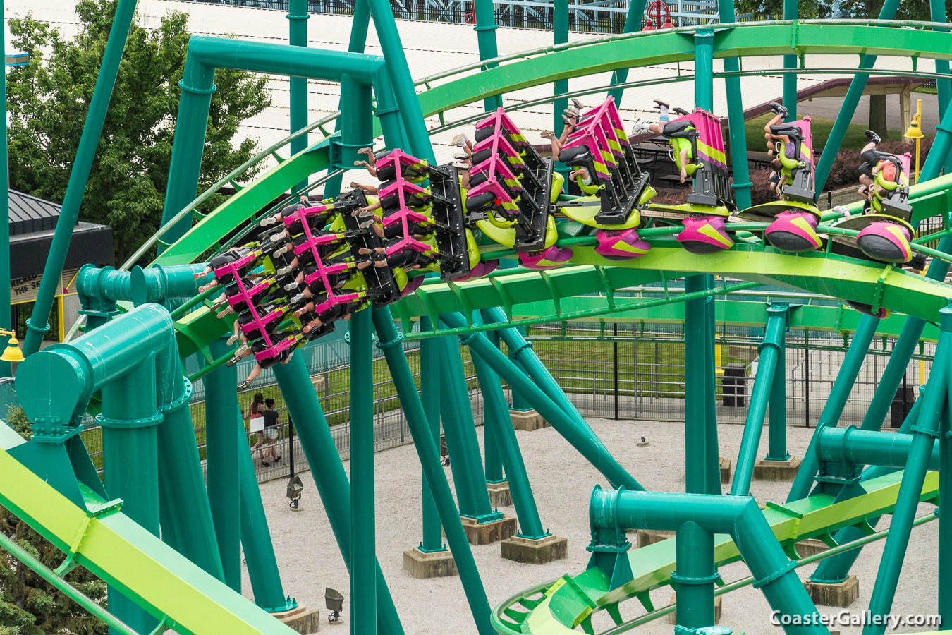 Aerial view of the green Raptor inverted roller coaster at Cedar Point