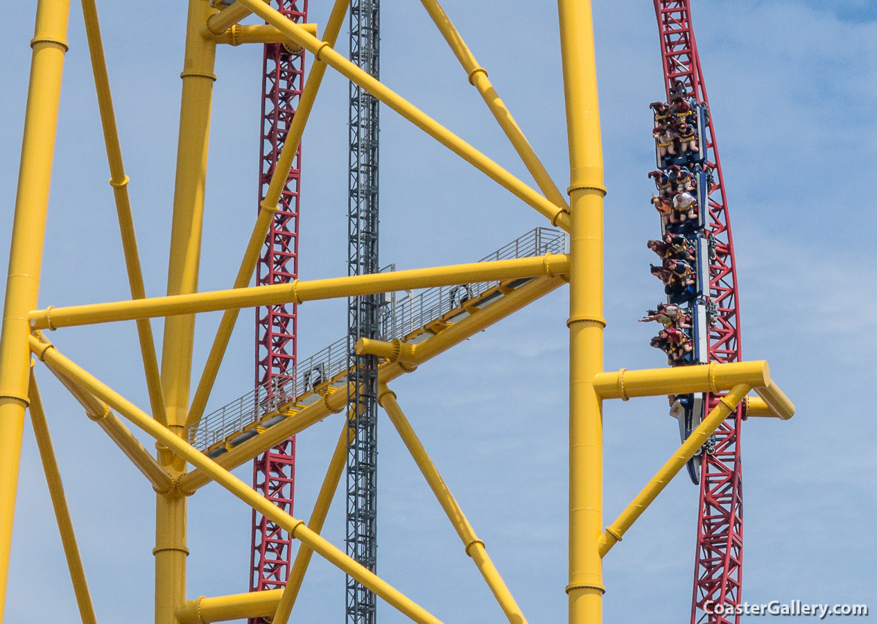 Pictures of a roller coaster twisting. Top Thrill Dragster at Cedar Point in Sandusky, Ohio