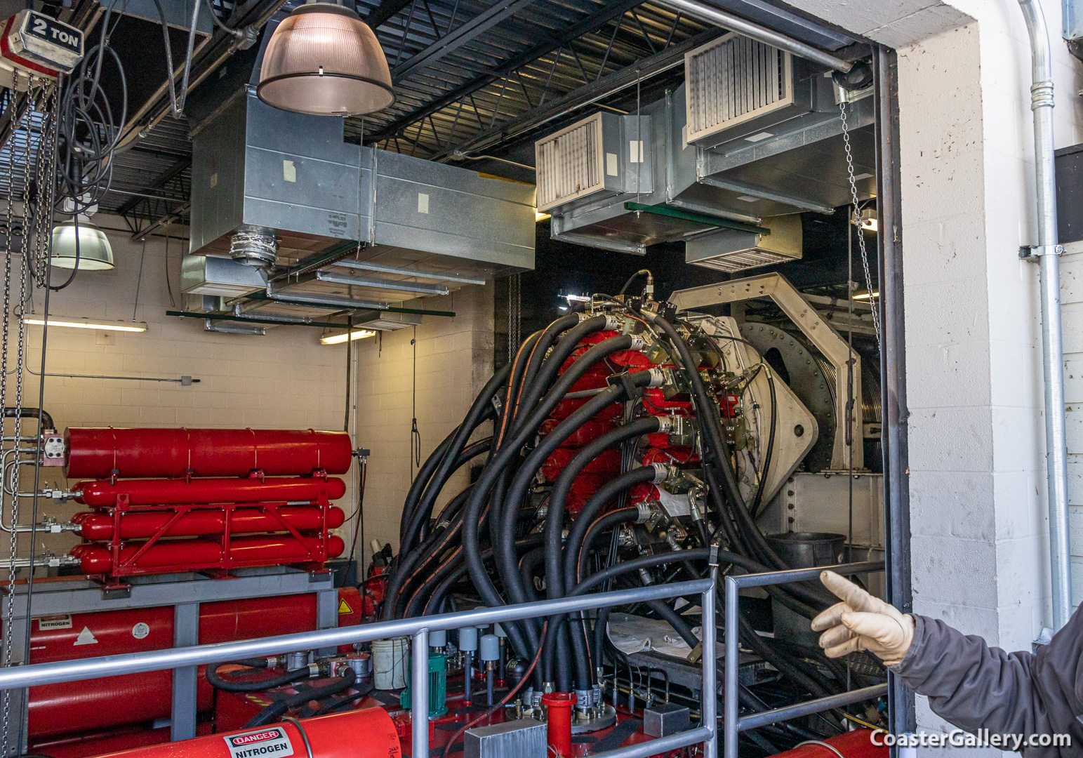 Hydraulic motors and accumulator on a behind-the-scenes tour of Top Thrill Dragster's launch mechanism