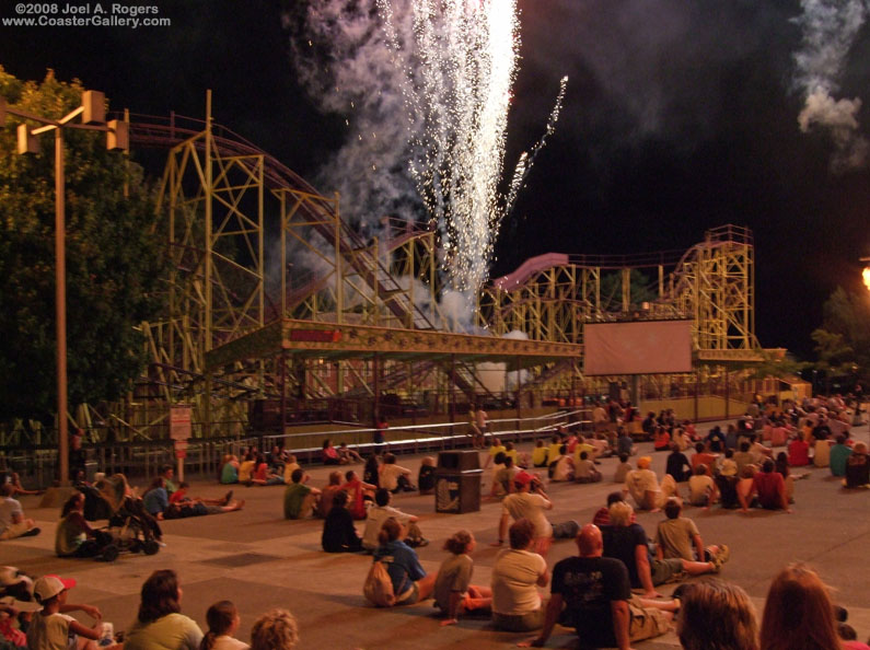 Wildcat coaster and fireworks at the Cedar Point amusement park