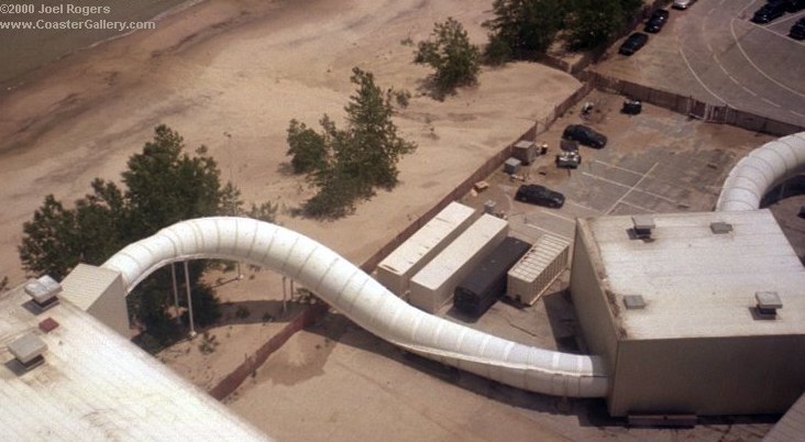 Overhead view of Disaster Transport enclosed roller coaster.