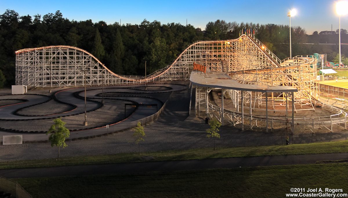 Aerial view of the Skyliner roller coaster