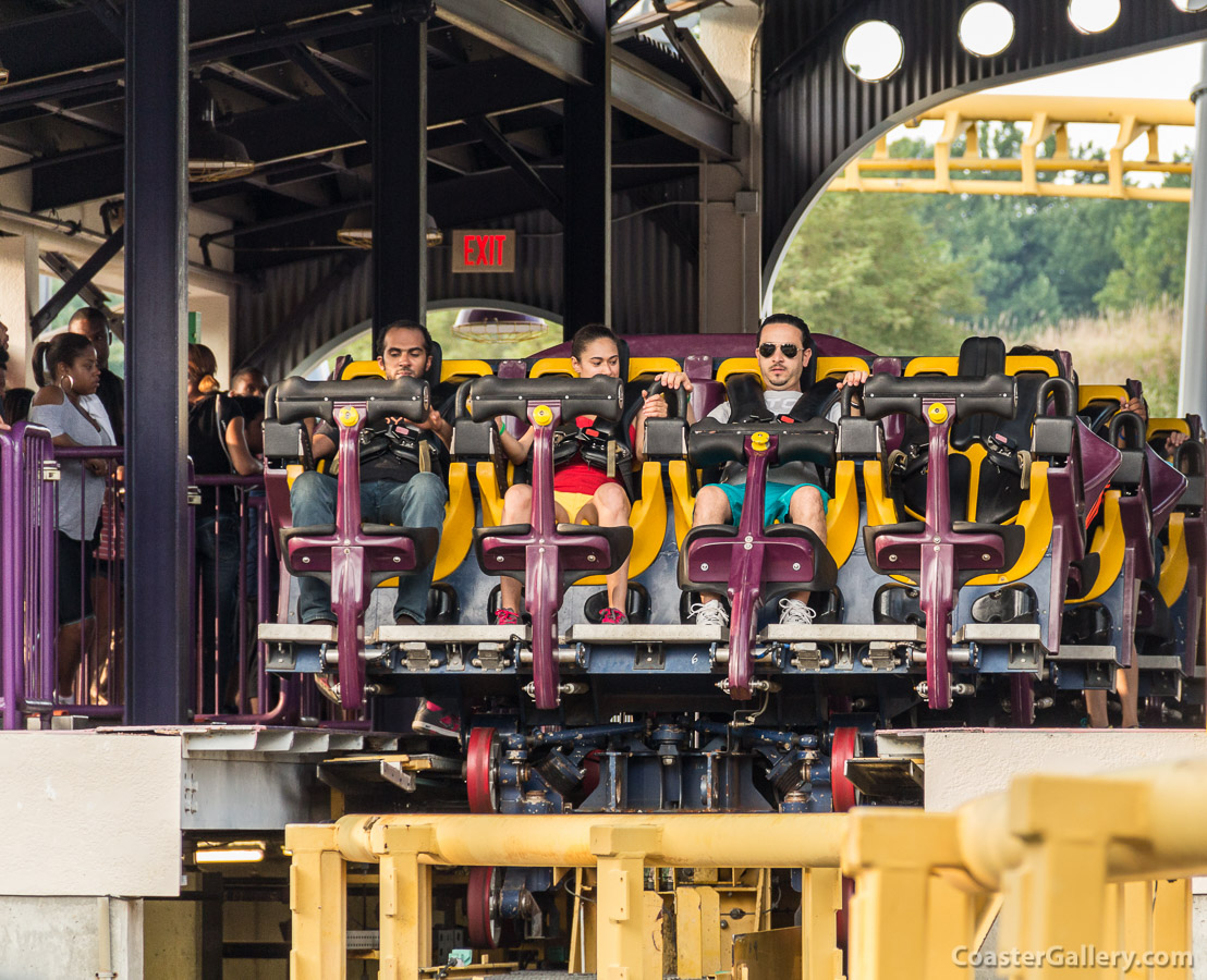 Train on a Vekoma flying roller coaster