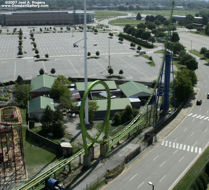 Aerial view of Greezed Lightnin' shuttle loop roller coaster