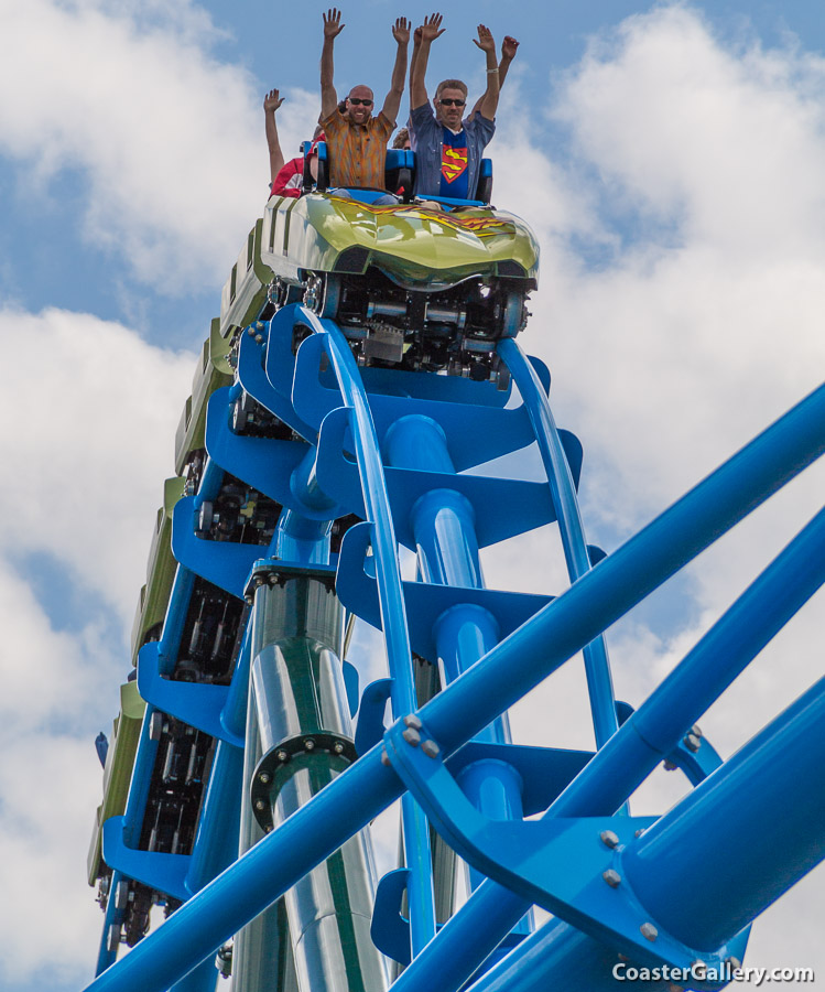 Superman riding a roller coaster