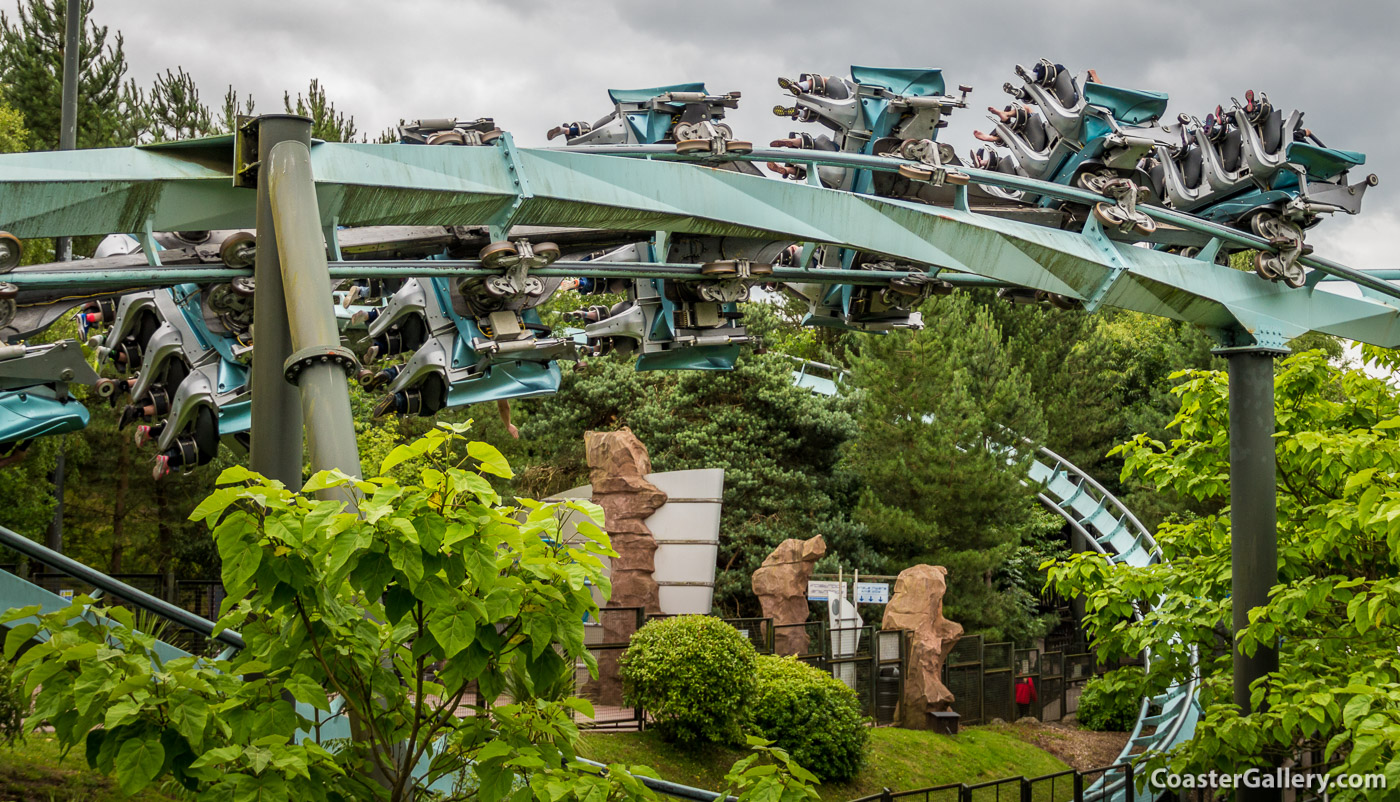 In-line twist on an Alton Towers flying roller coaster