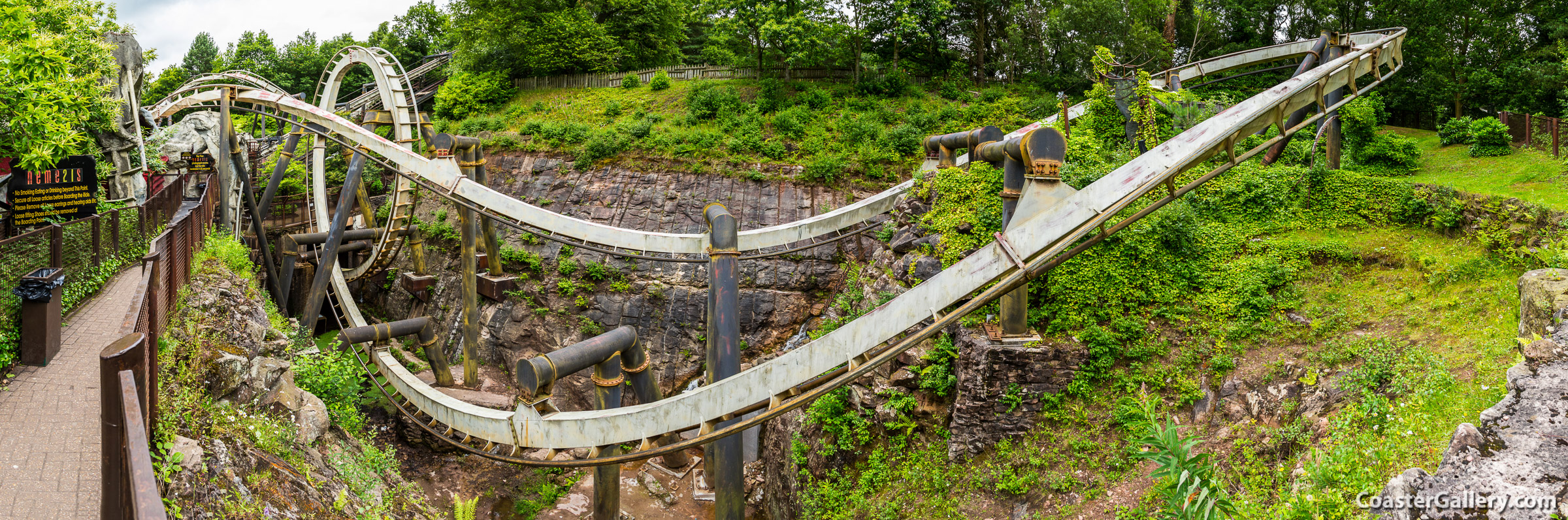 Panorama of the Nemesis roller coaster at Alton Towers