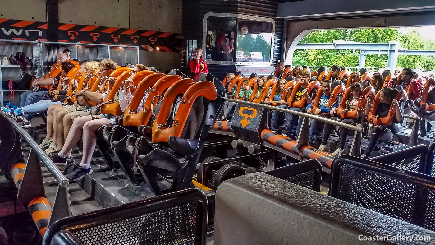 Train on the Oblivion roller coaster at Alton Towers. This picture is the loading and unloading station.