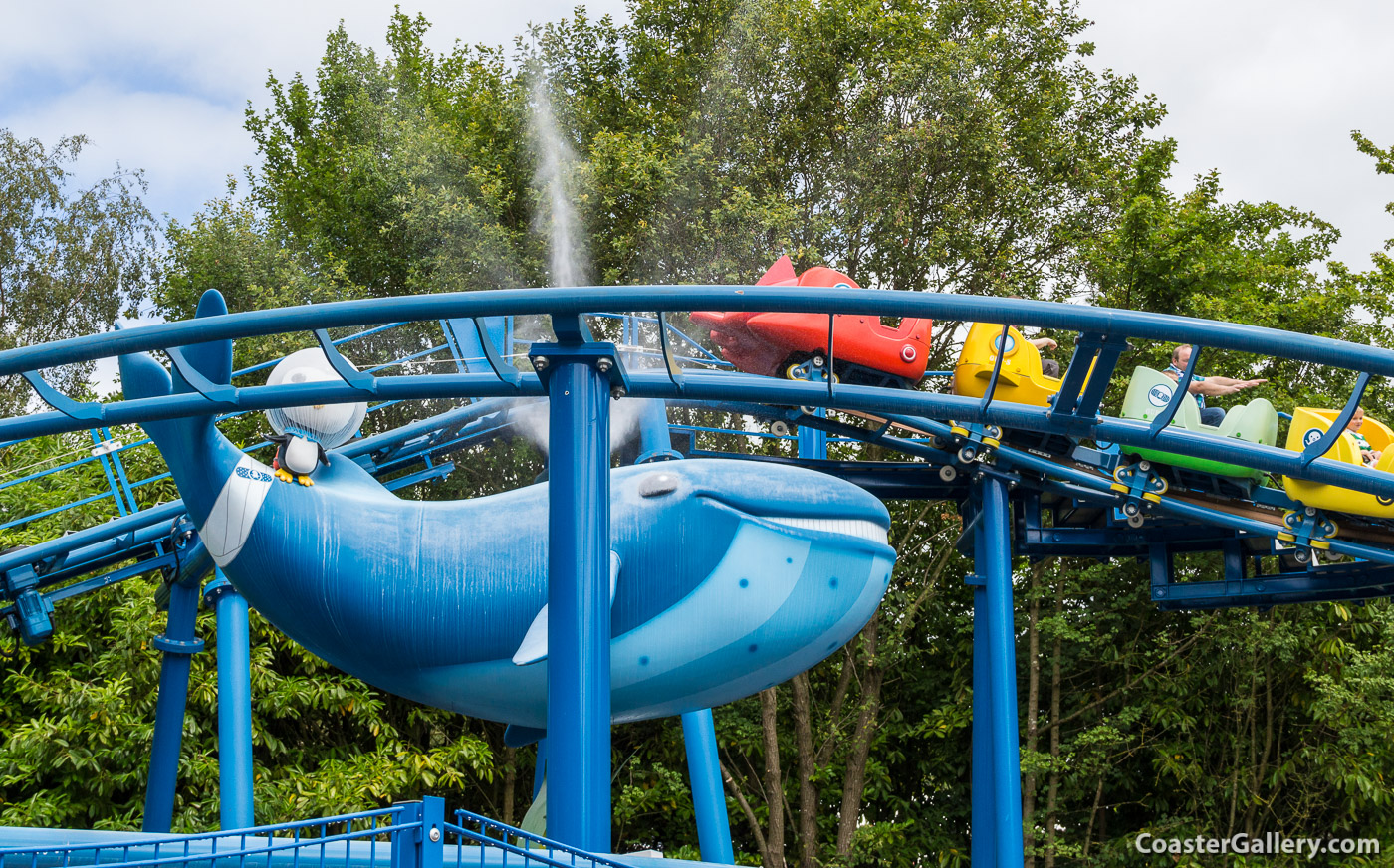 Peso the Penquin standing on a spouting whale - Octonauts Rollercoaster Adventure at Alton Towers
