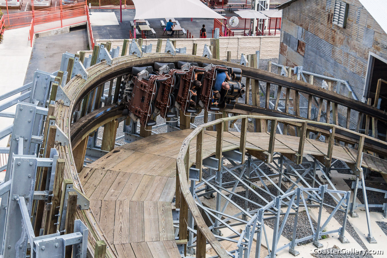 Overbanked turn on the Switchback shuttle coaster at ZDT's Amusement Park