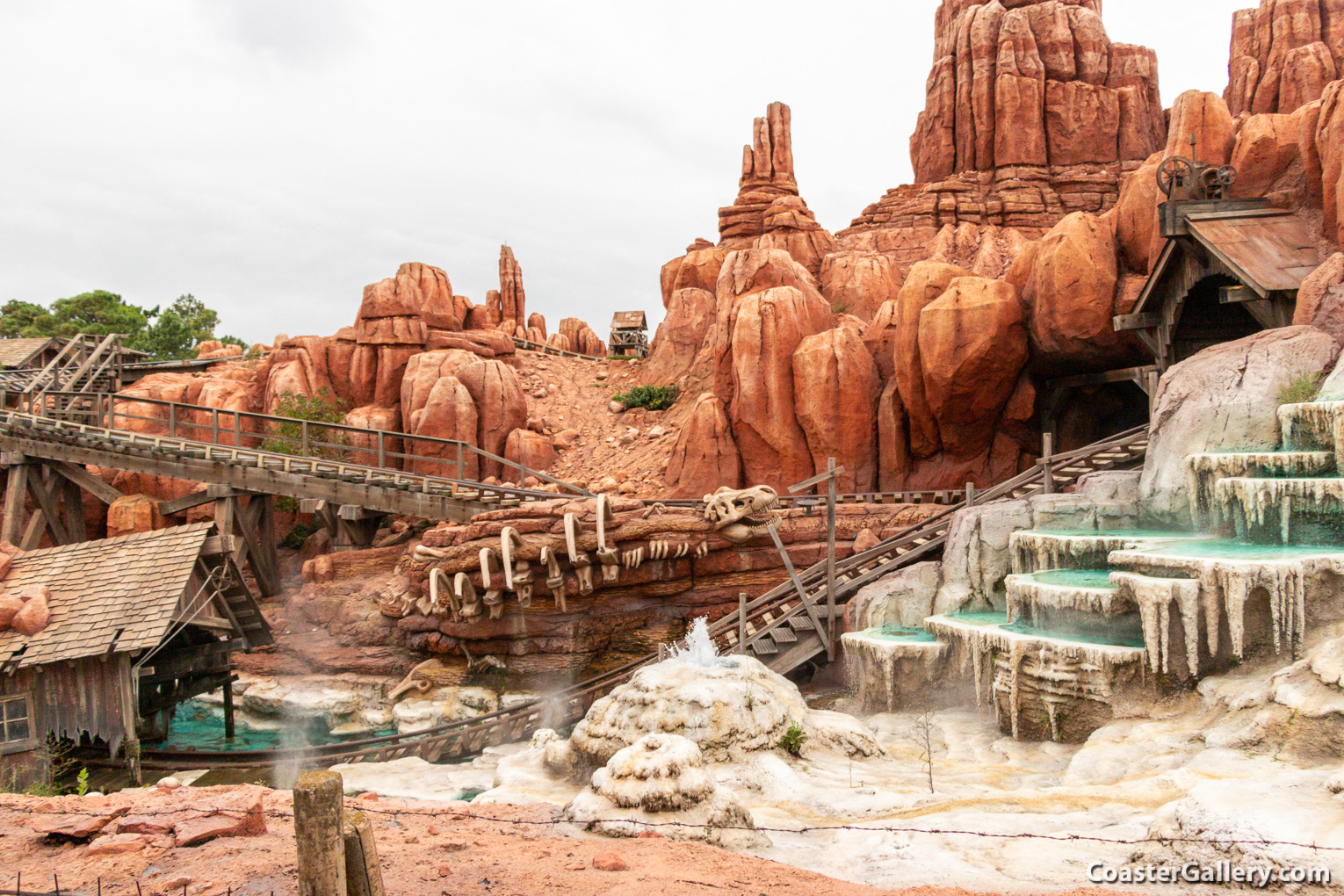 Geysers and dinosaur skeleton ribs on the Big Thunder Mountain Railroad roller coaster at Tokyo Disneyland in Japan