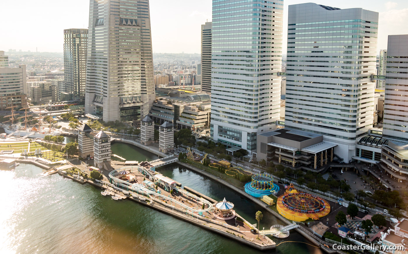 Yokohama Landmark Tower, Minato Mirai skyscrapers, and the Sail Training Ship Nippon Maru