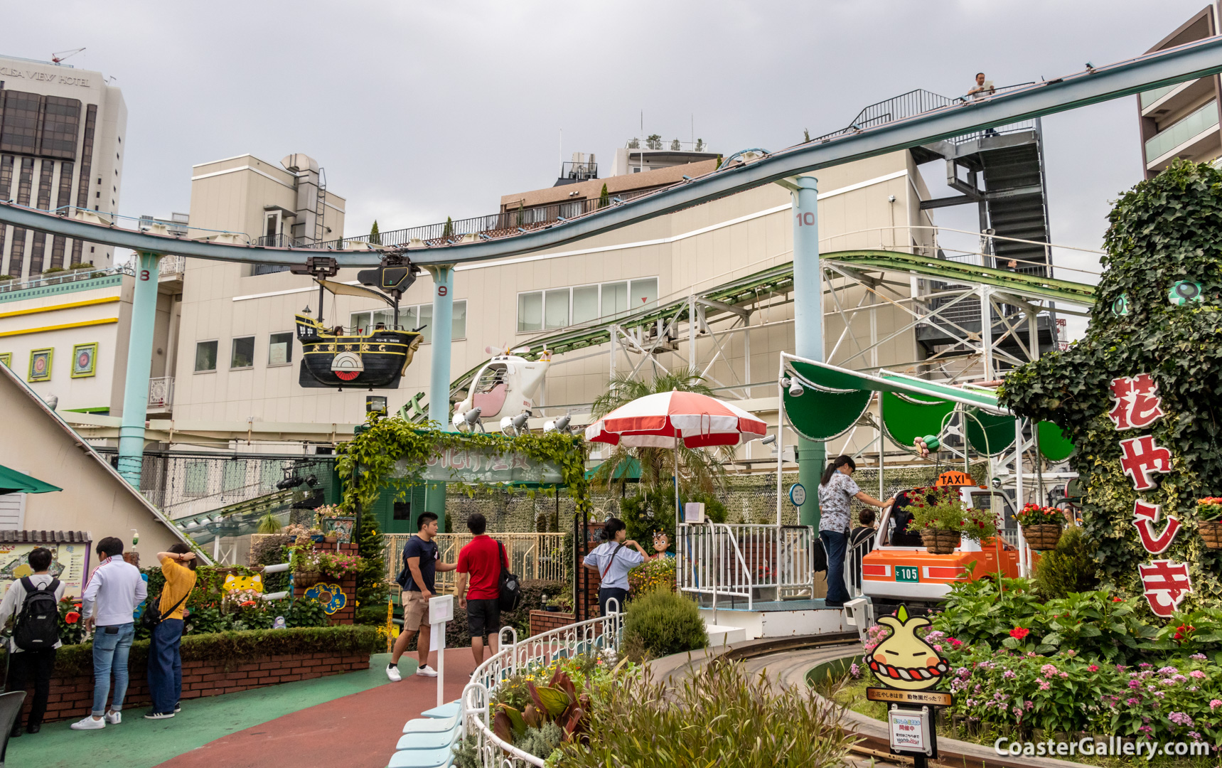 Roller coaster , Sky Ship, and Helicopter at Hanayashiki amusement park