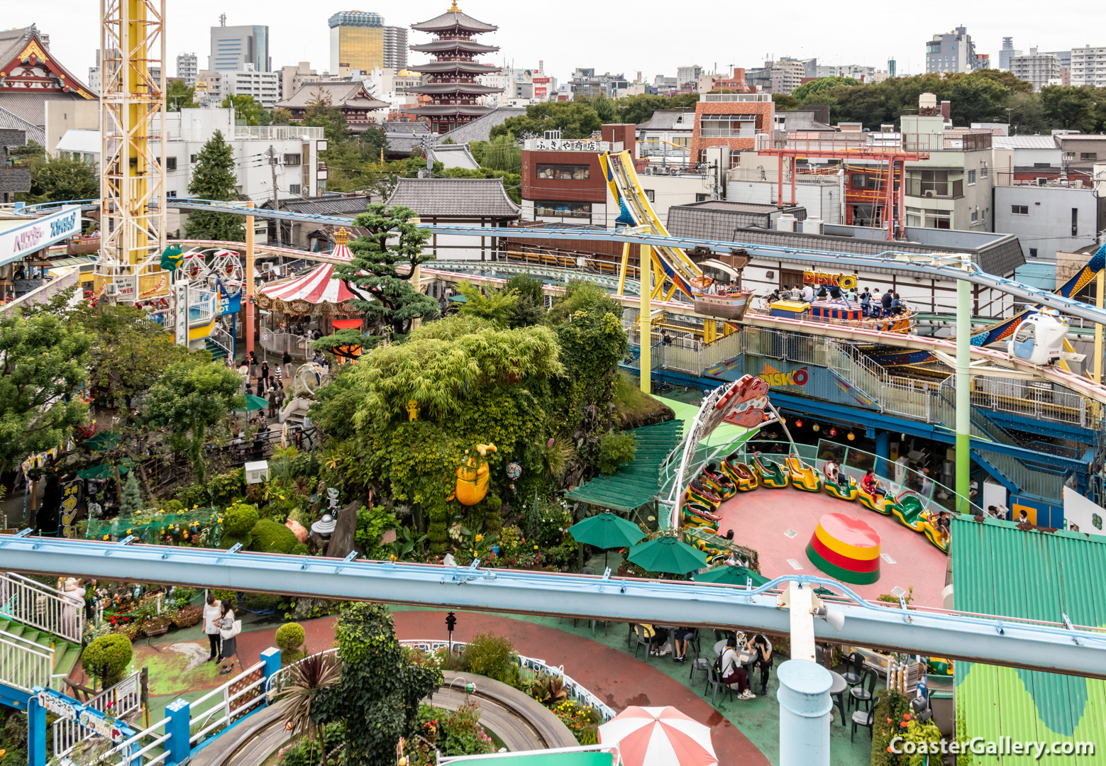 Roller coaster at Hanayashiki amusement park