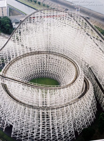 Aerial view of the White Cyclone roller coaster